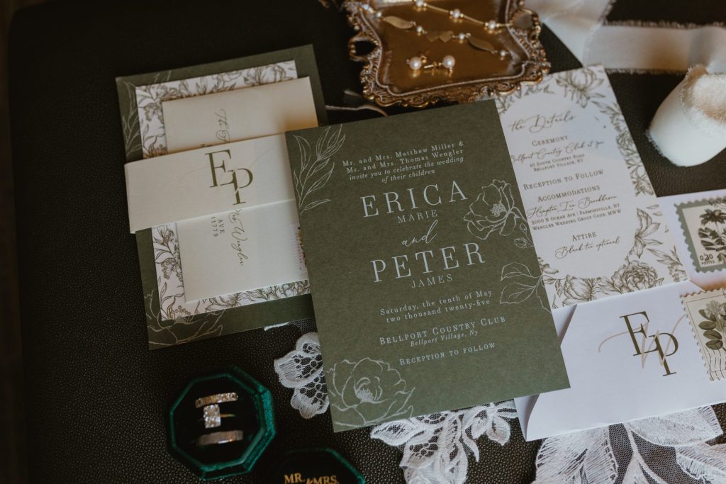 Semi custom invitation suite with warm green tones