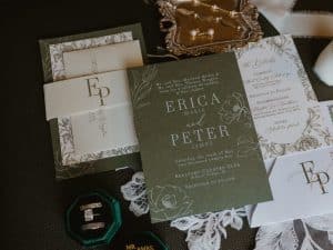 Semi custom invitation suite with warm green tones