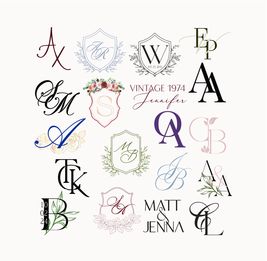 An array of custom designed monograms for weddings and other events