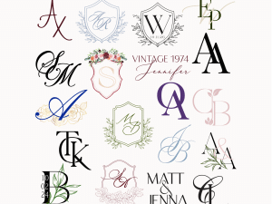 An array of custom designed monograms for weddings and other events