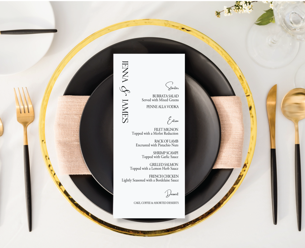 Elegant Black and White Wedding Menu on a Plate