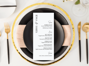 Elegant Black and White Wedding Menu on a Plate